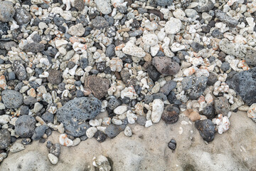 Beachrock is a friable to well-cemented sedimentary rock that consists of a variable mixture of basalt gravel , sand , and silt-sized sediment. fragments of coral and shells . Geology 
