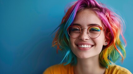A person with rainbow-colored hair, smiling confidently, embodying pride and individuality