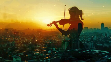 Fototapeta premium Violin movie poster. Silhouette. Negative space. Wide angle lens on rooftop.