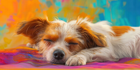 Cute sleeping dog on colorful fabric