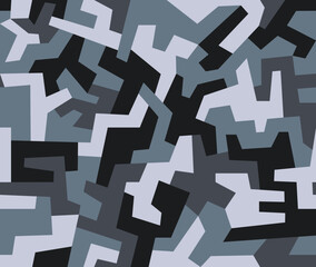 Geometric camouflage seamless pattern. Abstract modern urban camo, black and gray modern military texture background. Vector illustration