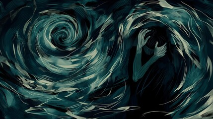 A man is in the middle of a swirling ocean, with his arms wrapped around another person. Concept of chaos and turmoil, as if the man is being pulled in different directions by the waves