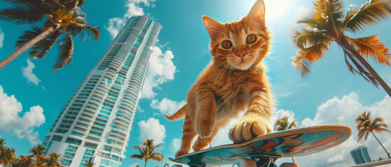 Casual anthropomorphic cat skateboarding along the Miami waterfront, sunny day, vibrant urban backdrop