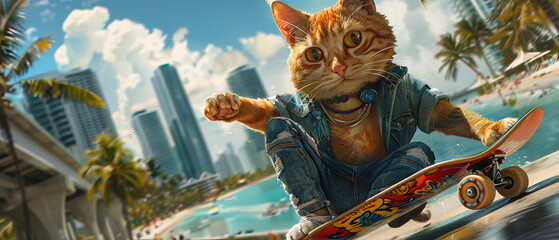 Cute anthropomorphic cat in casual clothes skateboarding along the sunny Miami waterfront, capturing the vibrant cityscape and ocean
