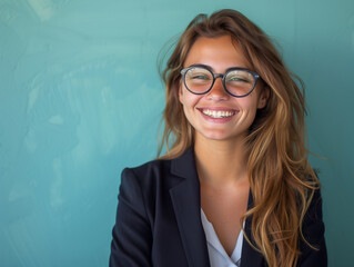 Junge Geschäftsfrau mit Brille lächelt an ihren Arbeitsplatz in die Kamera. Busineesfoto einer erfolgreichen und symphatischen Frau