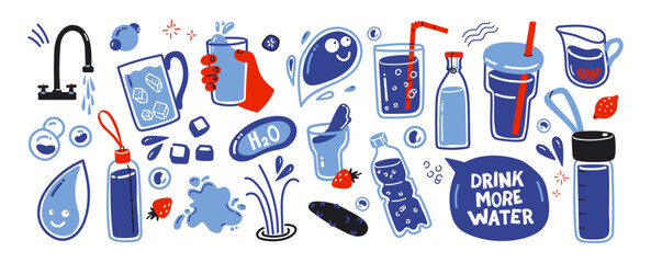 Drink more water. Cartoon stickers of drinking water, bottles, glasses of water in retro doodle style. Good habits, healthy lifestyle, stay hydrated. Trendy vector hippie groovy elements
