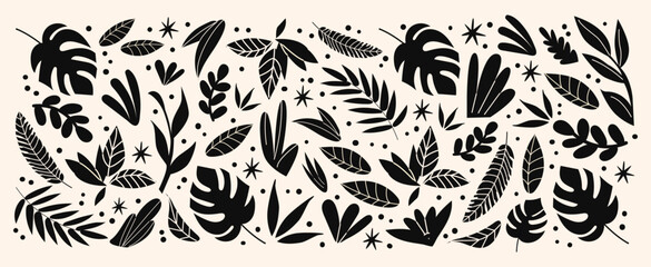 Stickers exotic tropical leaves, jungle plants, palm trees, monstera leaves and flowers. Set of vector leaves in cartoon retro style © Limpreom