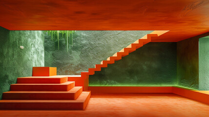 an place featuring orange color stairs and a green wall.