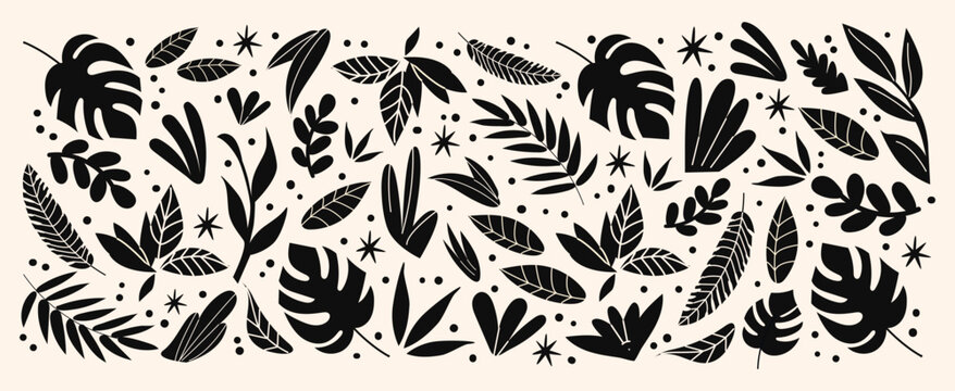 Stickers exotic tropical leaves, jungle plants, palm trees, monstera leaves and flowers. Set of vector leaves in cartoon retro style