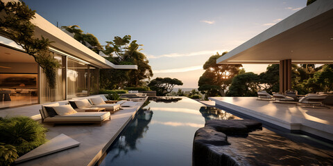 Fototapeta premium swimming pool at night, Arafed view of a modern house with a pool and a waterfall generative ai 