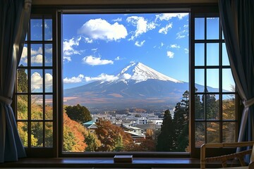 View of mount Fuji In Japan from a Japanese hotel window