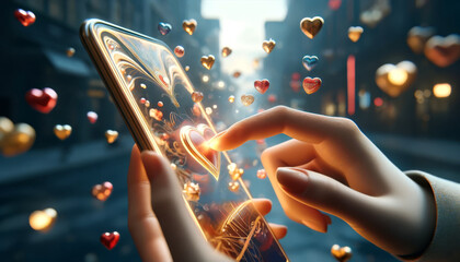 A hand interacting with a smartphone, with heart icons floating around, in a vibrant city street setting, depicting modern digital romance.