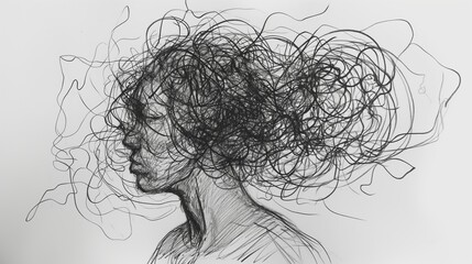 Fototapeta premium A woman's head is drawn with messy hair and a frowning expression. The drawing conveys a sense of chaos and confusion, possibly representing the artist's feelings or thoughts