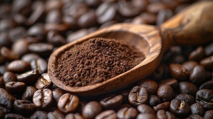 Fototapeta premium Fresh coffee beans and powder scoop