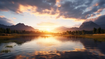 Tranquil Sunset Scene at Mountain Lake