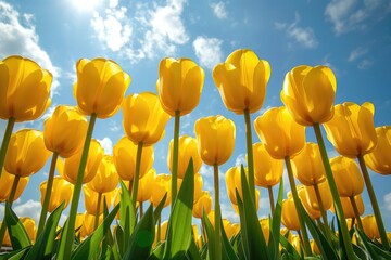Obraz premium Field of yellow tulips against blue sky