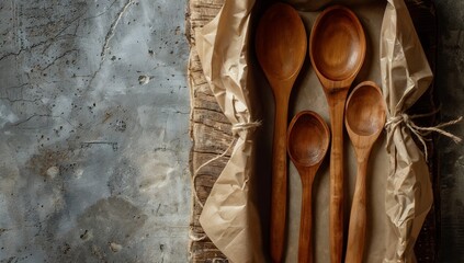 Mockup packaging hand-carved wooden spoons, artisanal and organic kitchenware branding, personalized spoon insert text, free copy space