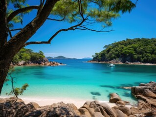 Obraz premium Serene Paradise: Tranquil Beach with Crystal-Clear Turquoise Waters