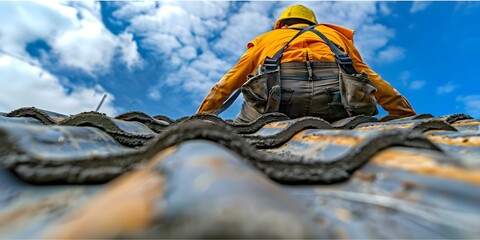 Worker securing seat belt before working on concrete roof tiles construction. Concept Construction safety, Worker protection, Seat belt usage