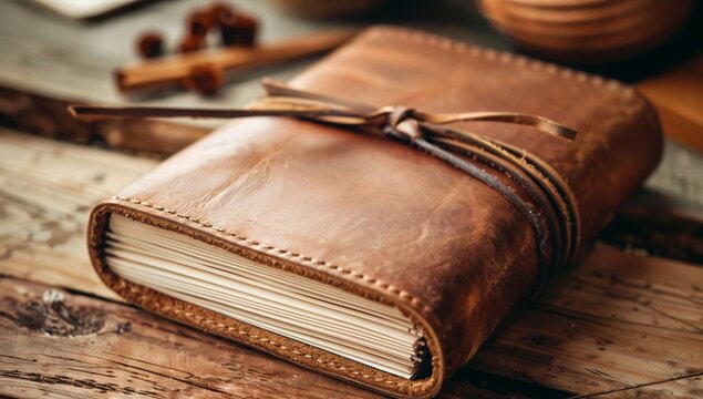 Mockup packaging textured leather journal, artisanal and organic stationery branding, personalized journal insert text, free copy space