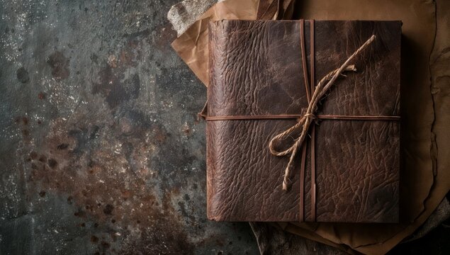 Mockup packaging textured leather journal, artisanal and organic stationery branding, personalized journal insert text, free copy space