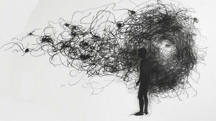 A person is standing in a messy room with a lot of black lines. The room is filled with chaos and disorder, and the person appears to be overwhelmed by the mess. Scene is one of confusion and disarray