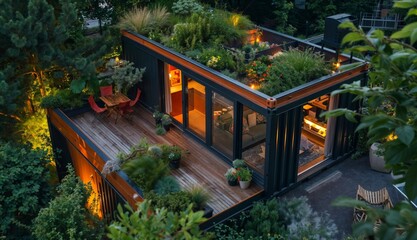 Obraz premium Minimal shipping container cabin in an urban rooftop garden, clean lines and sustainable materials creating a tranquil oasis