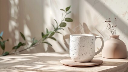 Mockup packaging speckled ceramic mug, artisanal and organic tableware branding, personalized mug insert text, free copy space