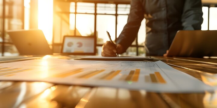 Business professionals analyze growth charts plan marketing strategies and review financial data. Concept Business Analysis, Growth Charts, Marketing Strategies, Financial Review, Data Analysis