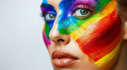 Closeup of a beautiful woman with bright rainbow face paint.