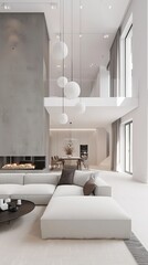 Bright and airy living room with high ceilings, large windows, and a cozy fireplace. The perfect space to relax and unwind.