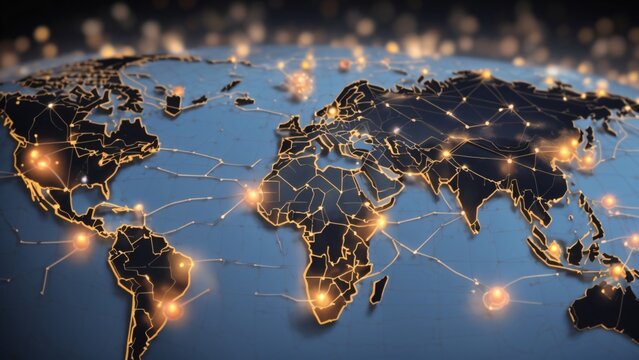 Image of a world map with a busy network of human connections in it