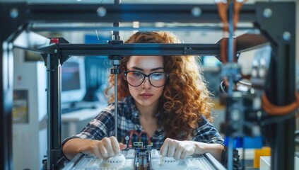 Fototapeta premium Woman operating industrial 3D printer, surprised woman on the platform