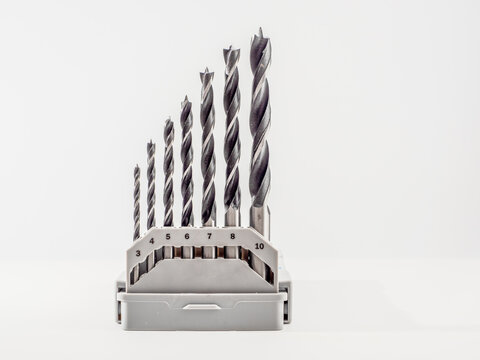 set of precision HSS wood brad point drill bits for hand and power rotary drills.