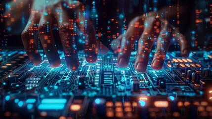 The image is of a person using a computer keyboard with a futuristic look. The keyboard has blue and orange lights.