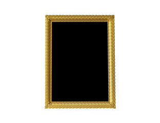 Gold picture frame. Isolated over white background, frame hanging on a white textured wall mockup,  Black empty place for your text or photo