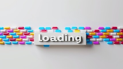 Minimalist loading status illustration with loading word and icons on white background