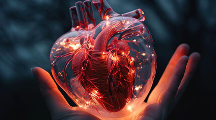 A transparent, glowing model of a heart on one hand