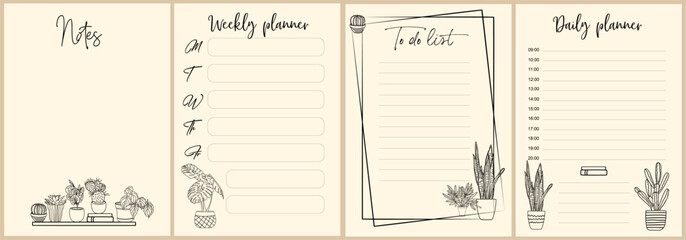 Set of weekly, daily planner pages, notes and to do list templates decorated by hand drawn house plant sketches. Modern scheduler or organizer. Vector monochrome illustrations.  - Powered by Adobe