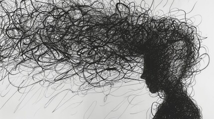 A person's head is covered in messy, tangled hair. The hair is so thick and unkempt that it almost looks like a tangled mess. Concept of chaos and disarray