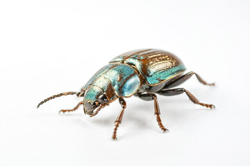 Closeup of a blue and brown beetle on a white background