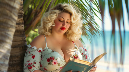 Plus-size blonde woman in a floral dress, reading a book by the palm trees on a sunny day