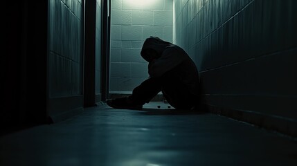 A person is sitting on the floor in a dark hallway. The person is crying and he is in a state of despair
