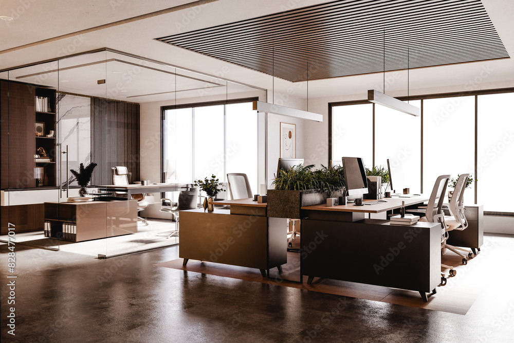 Poster 3d render of empty modern office with computers and furniture