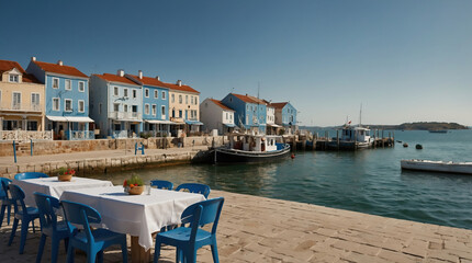 Fototapeta premium Scenic Waterfront Village with Colorful Buildings, Boats, and Outdoor Dining in a Mediterranean Setting