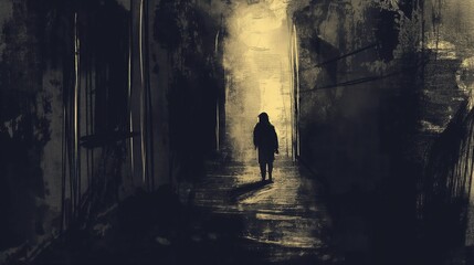 A man walks down a dark hallway with a foggy atmosphere. The hallway is empty and the man is the only person in the scene