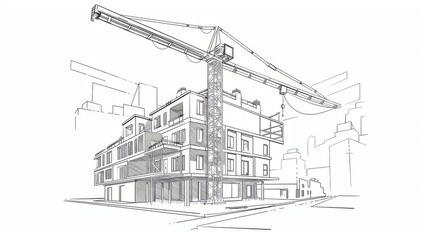 Crane Constructing Modern Building. Architectural Sketch of Urban Development Project