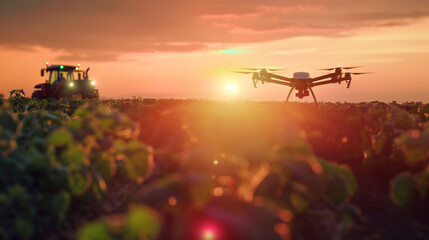 A field of green plants is being tended to by a tractor and two drones. The drones are flying above the tractor, possibly collecting data or monitoring the crops. Concept of modern technology