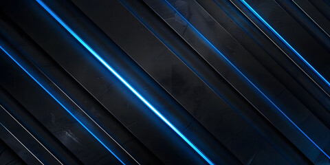 Obraz premium Black background with blue glowing lines, dark abstract wallpaper design with futuristic geometric shapes and stripes, perfect for technology-inspired designs or high-tech digital art.