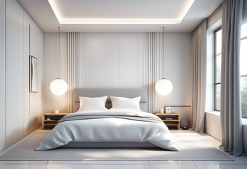 minimalist bedroom design with white sheets and bright colors, luxury hotel concept
